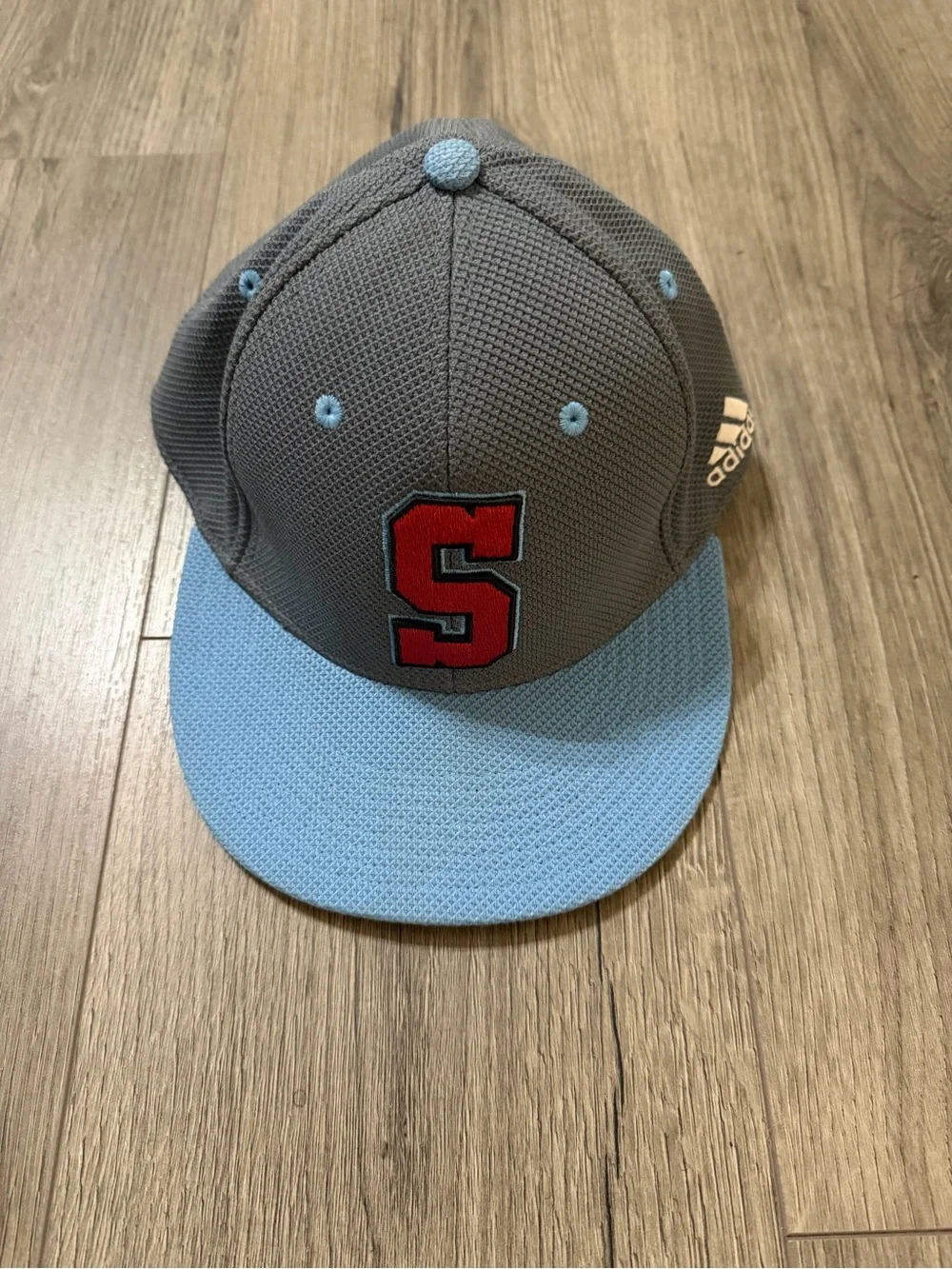 adidas Gray and Light Blue Snapback Hat with Red 'S' Patch